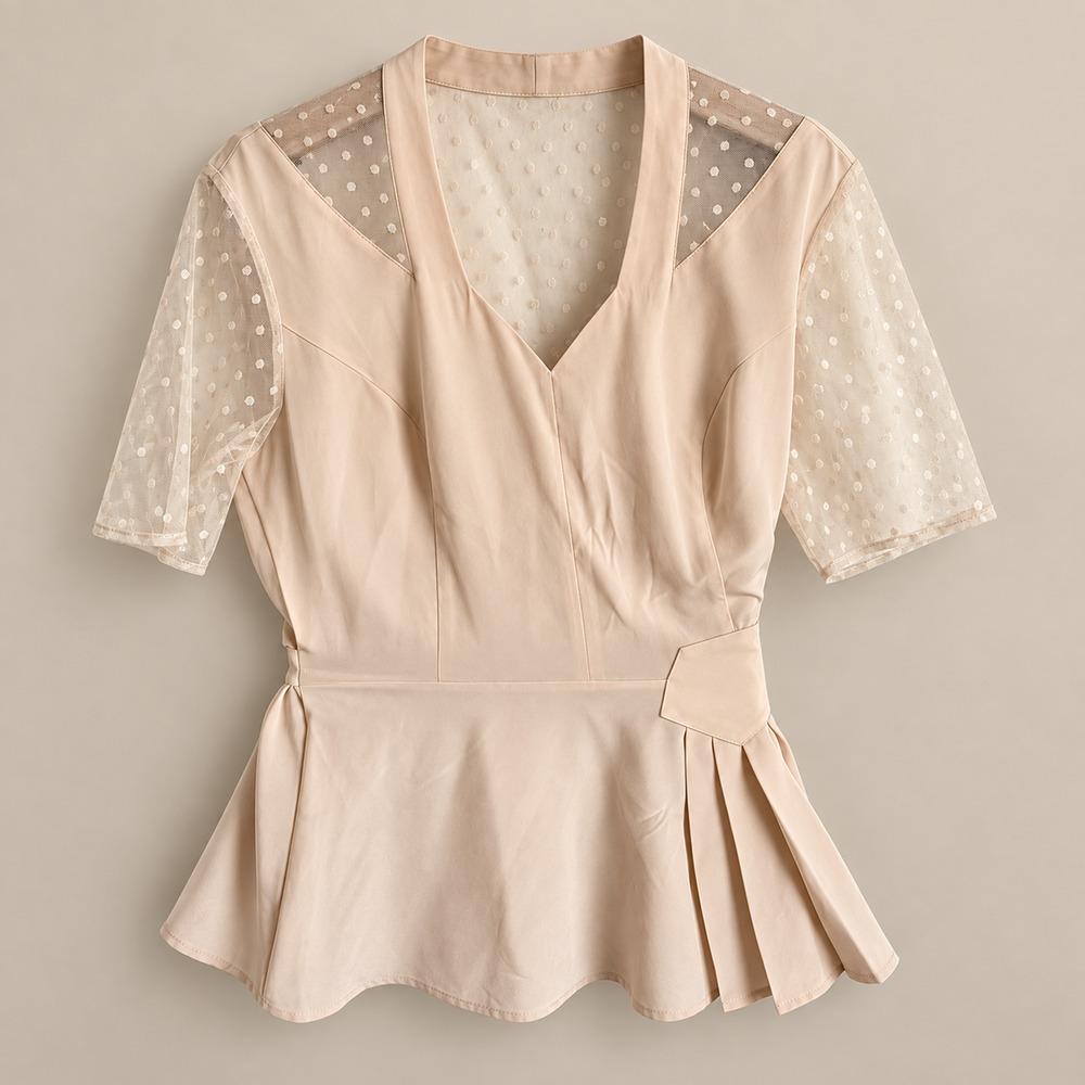 J Peterman Blush Silk Peplum Blouse Size 4 Sheer Polka Dot Mesh Sleeves